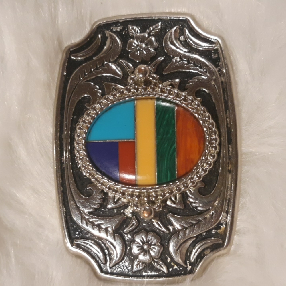 Southwestern Style Stone Inlay Belt Buckle - Picture 3 of 7